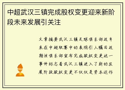 中超武汉三镇完成股权变更迎来新阶段未来发展引关注