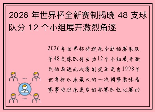 2026 年世界杯全新赛制揭晓 48 支球队分 12 个小组展开激烈角逐